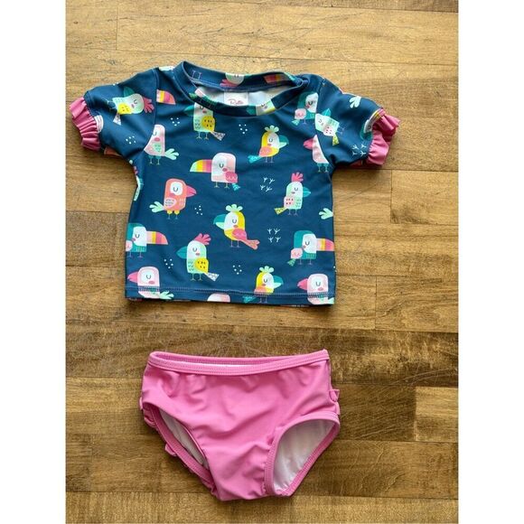 NWOT Ruffle Butts "You're The Tweetest" Mid-Sleeve Two Piece Swimsuit Baby Girl - Picture 4 of 10